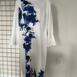 White and Blue Asymmetrical Sheath Dress with Bell Sleeves